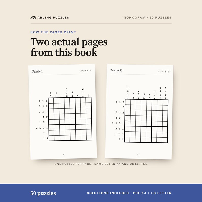 Two real pages from the book. 50 printable Nonogram puzzles, all easy. PDF for A4 and US Letter, all solutions included.