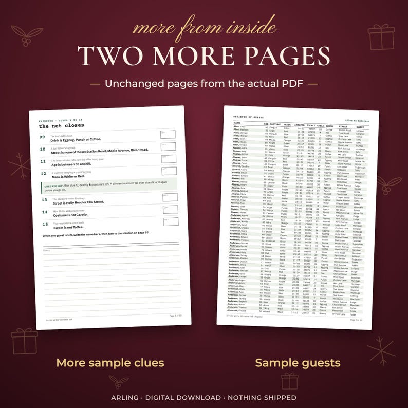 Two more pages. Unchanged pages from the actual PDF. More sample clues. Sample guests.