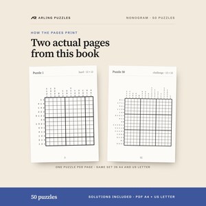 Two real pages from the book. 50 printable Nonogram puzzles, hard and challenge. PDF for A4 and US Letter, all solutions included.