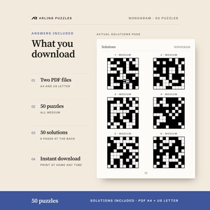 A real solutions page. 50 printable Nonogram puzzles, all medium. PDF for A4 and US Letter, all solutions included.
