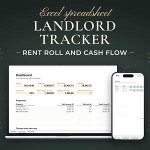 Landlord Tracker, Rent roll and cash flow. Excel spreadsheet shown on a laptop and a phone with example data.