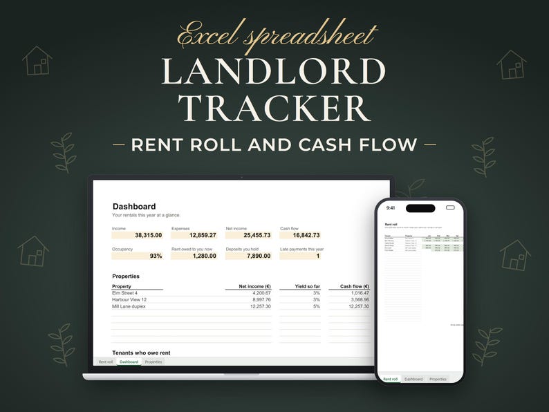 Landlord Tracker, Rent roll and cash flow. Excel spreadsheet shown on a laptop and a phone with example data.