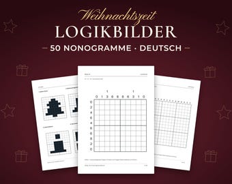 Weihnachts-Nonogramme zum Ausdrucken, 50 Logikbilder mit Lösungen, Rätselbuch auf Deutsch, PDF in A4 und US Letter