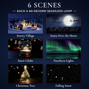 The six scenes in the bundle: snowy village, Santa over the moon, snow globe, northern lights, Christmas tree with toy train, falling snow.