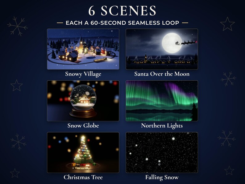 The six scenes in the bundle: snowy village, Santa over the moon, snow globe, northern lights, Christmas tree with toy train, falling snow.