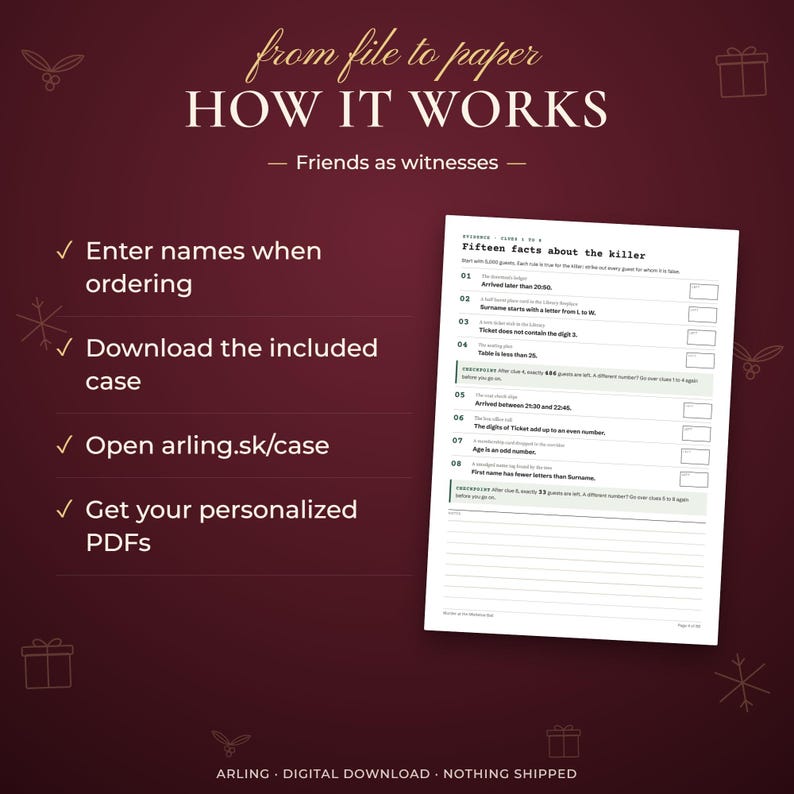 How it works. Friends as witnesses. Enter names when ordering. Download the included case. Open arling.sk/case. Get your personalized PDFs.