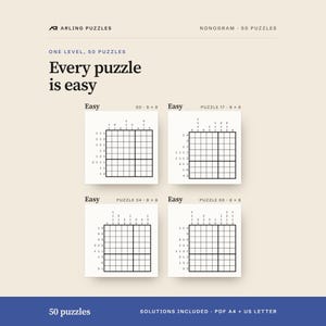 The levels shown as real grids. 50 printable Nonogram puzzles, all easy. PDF for A4 and US Letter, all solutions included.