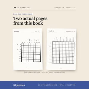 Two real pages from the book. 50 printable Nonogram puzzles, easy to challenge. PDF for A4 and US Letter, all solutions included.
