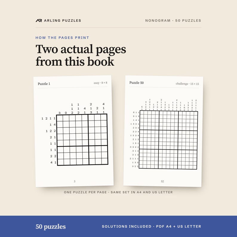 Two real pages from the book. 50 printable Nonogram puzzles, easy to challenge. PDF for A4 and US Letter, all solutions included.