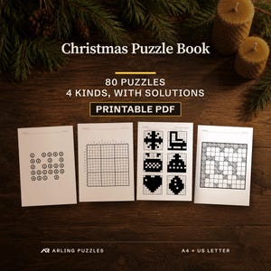 Christmas Puzzle Book, 80 puzzles, 4 kinds, with solutions, Printable PDF. Real pages from the files you download, laid on a desk: Hashi puzzle 20, hard, Nonogram puzzle 15, hard, a page of solved Nonogram pictures and Kakuro puzzle 19, hard.