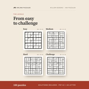 The levels shown as real grids. 100 printable Killer Sudoku puzzles, easy to challenge. PDF for A4 and US Letter, all solutions included.