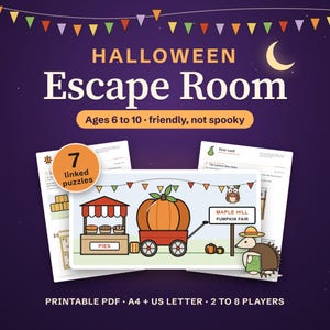 Halloween escape room for kids ages 6 to 10, The Pumpkin Fair Mix-Up: red wagon with the prize pumpkin, Farmer Juniper the hedgehog and two real puzzle pages, printable PDF
