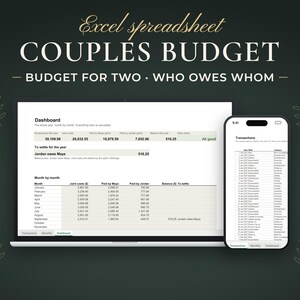 Couples Budget, Budget for two · who owes whom. Excel spreadsheet shown on a laptop and a phone with example data.