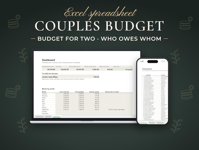 Couples Budget, Budget for two · who owes whom. Excel spreadsheet shown on a laptop and a phone with example data.