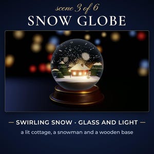 Scene 3, Snow Globe: a glass snow globe with swirling snow and a lit cottage on a wooden base.