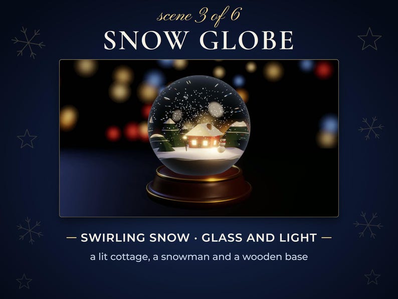 Scene 3, Snow Globe: a glass snow globe with swirling snow and a lit cottage on a wooden base.