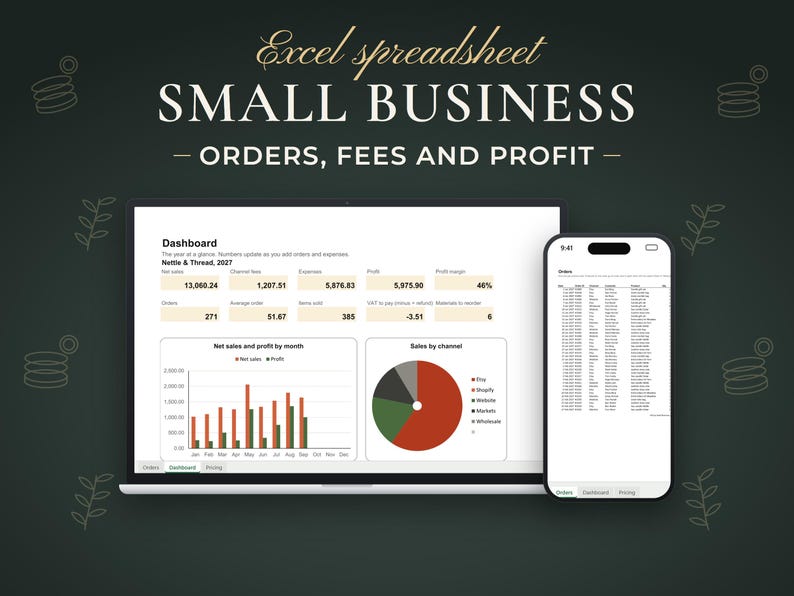 Small Business, Orders, fees and profit. Excel spreadsheet shown on a laptop and a phone with example data.