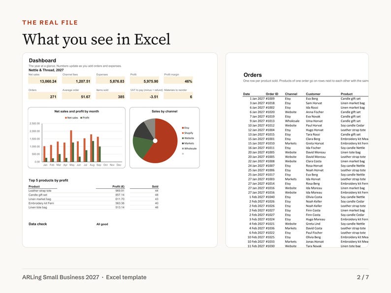 Small Business Bookkeeping Spreadsheet, Order and Inventory Tracker, Pricing Calculator with Etsy Fees, EU UK VAT, Excel Template 2027