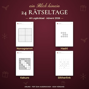 24 Rätseltage. 48 Logikrätsel · Advent 2026. Nonogramm. Hashi. Kakuro. Slitherlink.