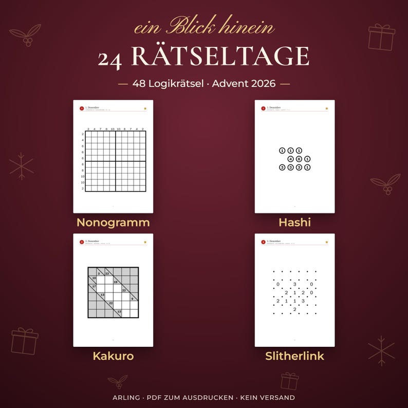 24 Rätseltage. 48 Logikrätsel · Advent 2026. Nonogramm. Hashi. Kakuro. Slitherlink.