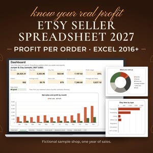 May include: A digital Etsy seller spreadsheet 2027 for Excel 2016+ displayed on a laptop screen. The dashboard shows financial data, including net sales, profit, and fees, alongside a pie chart and a bar graph for sales analysis.