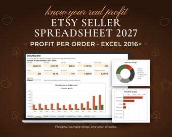 May include: A digital Etsy seller spreadsheet 2027 for Excel 2016+ displayed on a laptop screen. The dashboard shows financial data, including net sales, profit, and fees, alongside a pie chart and a bar graph for sales analysis.