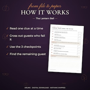How it works. The Lantern Ball. Read one clue at a time. Cross out guests who fail it. Use the 3 checkpoints. Find the remaining guest.