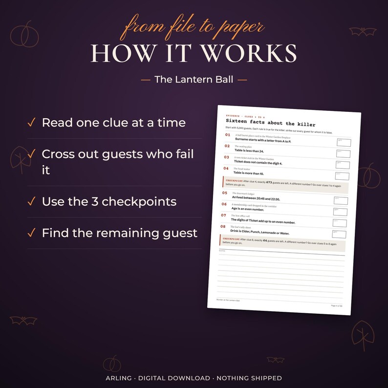 How it works. The Lantern Ball. Read one clue at a time. Cross out guests who fail it. Use the 3 checkpoints. Find the remaining guest.
