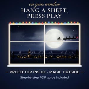 Santa sleigh and reindeer crossing a full moon, shown in a window as it looks when projected from inside.