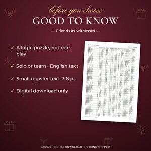 Good to know. Friends as witnesses. A logic puzzle, not role-play. Solo or team · English text. Small register text: 7-8 pt. Digital download only.