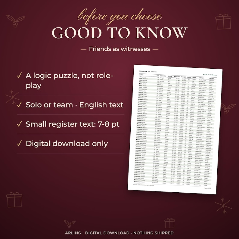 Good to know. Friends as witnesses. A logic puzzle, not role-play. Solo or team · English text. Small register text: 7-8 pt. Digital download only.
