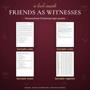 Friends as witnesses. Personalized Christmas logic puzzle. Sample case. Sample rules. Sample clues. Sample register.
