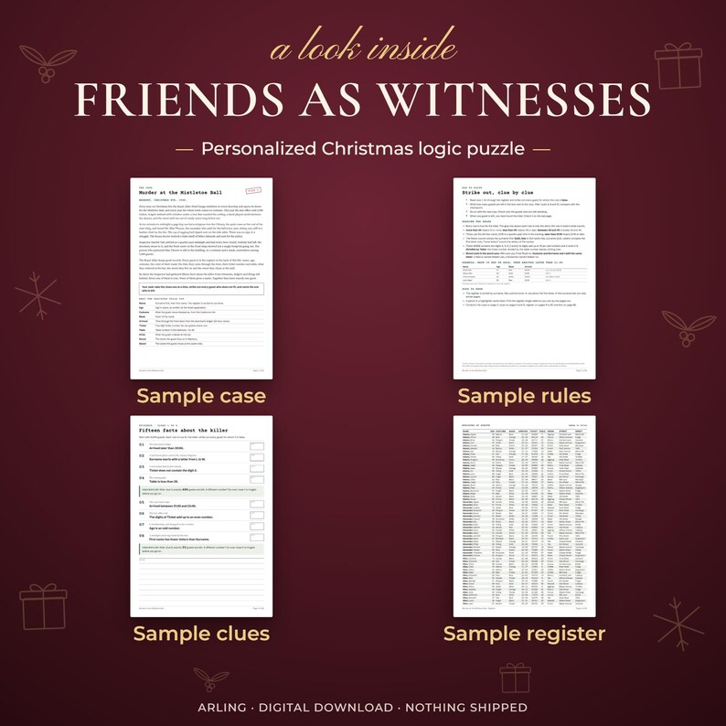 Friends as witnesses. Personalized Christmas logic puzzle. Sample case. Sample rules. Sample clues. Sample register.