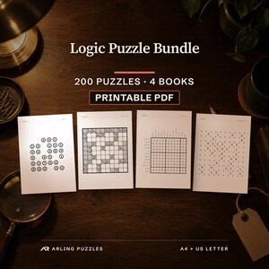 Logic Puzzle Bundle, 200 puzzles, 4 books, Printable PDF. Real pages from the files you download, laid on a desk: Hashi puzzle 35, hard, Kakuro puzzle 35, hard, Nonogram puzzle 29, hard and Slitherlink puzzle 50, challenge.
