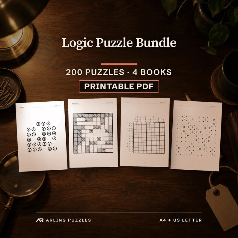 Logic Puzzle Bundle, 200 puzzles, 4 books, Printable PDF. Real pages from the files you download, laid on a desk: Hashi puzzle 35, hard, Kakuro puzzle 35, hard, Nonogram puzzle 29, hard and Slitherlink puzzle 50, challenge.