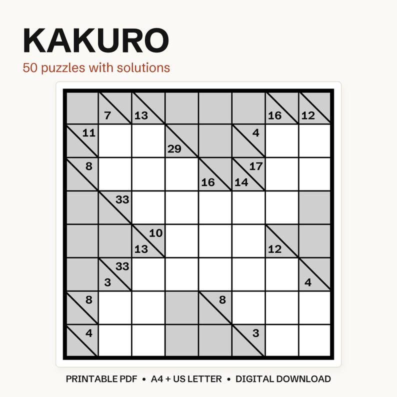 Kakuro-pusselbok, 50 utskrivbara logikpussel (PDF A4 och US Letter) bild 2