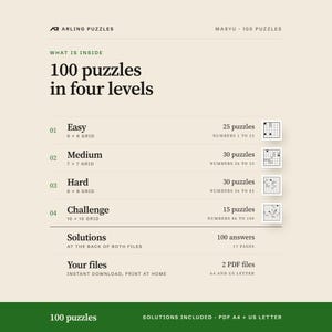 What is inside, level by level. 100 printable Masyu puzzles, easy to challenge. PDF for A4 and US Letter, all solutions included.