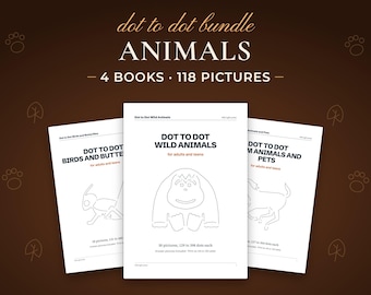 Animal Dot to Dot Bundle for Kids and Adults, 4 Books, 118 Connect the Dots Puzzles, Wild, Farm, Birds, Ocean, Printable PDF