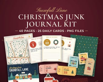 Christmas Junk Journal Kit, Retro Post Office, 40 Printable Pages, 25 Daily Journaling Cards for December, Ephemera, Envelopes, PNG