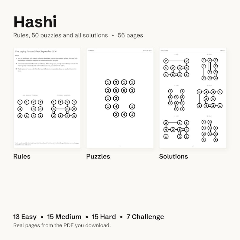 200 Printable Logic Puzzles: Hashi, Kakuro, Nonogram, Slitherlink PDF Bundle with Solutions