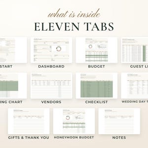 What is inside the Ultimate Wedding Planner: 11 tabs, Start, Dashboard, Budget, Guest List, Seating Chart, Vendors, Checklist, Wedding Day Timeline, Gifts & Thank You, Honeymoon Budget, Notes. Real screenshots with example data.