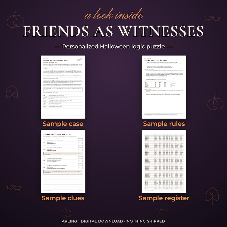 Friends as witnesses. Personalized Halloween logic puzzle. Sample case. Sample rules. Sample clues. Sample register.