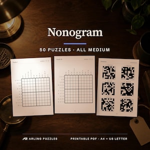 Cover with a real puzzle page. 50 printable Nonogram puzzles, all medium. PDF for A4 and US Letter, all solutions included.