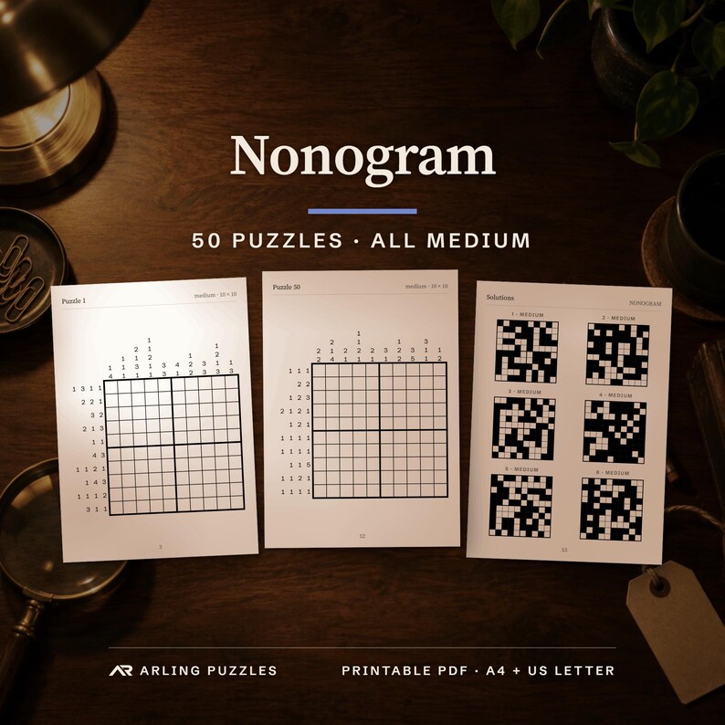 Cover with a real puzzle page. 50 printable Nonogram puzzles, all medium. PDF for A4 and US Letter, all solutions included.