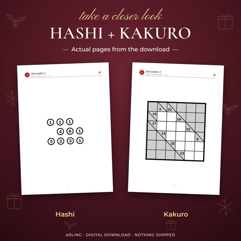 Hashi + Kakuro. Actual pages from the download. Hashi. Kakuro.