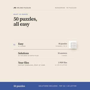 What is inside, level by level. 50 printable Nonogram puzzles, all easy. PDF for A4 and US Letter, all solutions included.