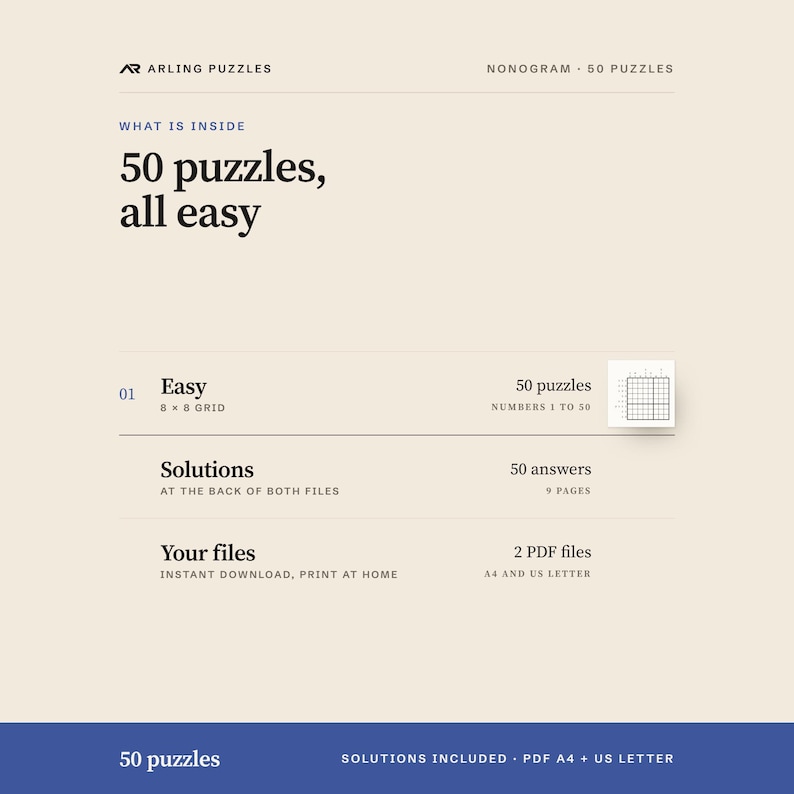 What is inside, level by level. 50 printable Nonogram puzzles, all easy. PDF for A4 and US Letter, all solutions included.
