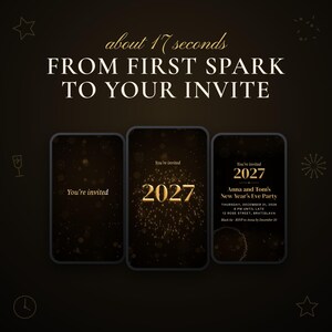 Three moments of the 17 second video on phone screens: You’re invited with a rising rocket, the golden 2027 inside a firework, and the finished invitation with names, date, time and place.