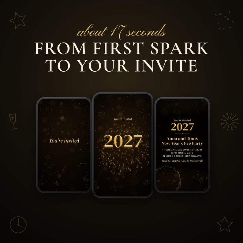 Three moments of the 17 second video on phone screens: You’re invited with a rising rocket, the golden 2027 inside a firework, and the finished invitation with names, date, time and place.