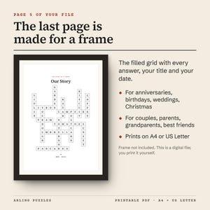 The keepsake page from the sample crossword shown in a drawn frame: the filled grid with every answer, the title Our Story and est. 2019. The frame is not included; this is a digital file